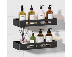 Doucherek 2 Pack - Badkamerplank - Doucherek zonder boren - met grote capaciteit - Roestvrij - Doucherek hangend - Badrekje - met haken - voor keuken badkam - zwart