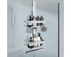 Doucherek aan Douchewand - Hangend Badkamerrek – Deurrek Met Mandjes – Doucheplank Met Haakjes – Ophangbaar Doucherek Zonder Boren – RVS - Zilver