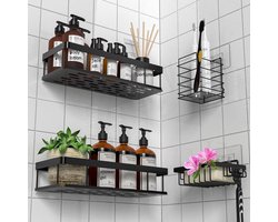Doucherek – Badkamer rekje Douche - Shower shelf - Wandrek - Doucheplank zwart met plakstrip – Douchemandje Inclusief zeephouder, tandenborstels – organizer keuken