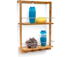 doucherek bamboe - met 2 etages - 53 x 38 x 15,5 cm - flaconhouder - met 4 handdoekhaken