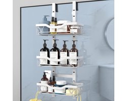 Doucherek Hangend 3 Niveaus - Roestvrij Stalen Ophangrek voor Glazen Deur - Zonder Boren, Badkamer Opslag voor Shampoo en Douchegel - Wit