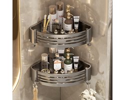 Doucherek Hoek 2 Stuks Zonder Boren met 4 Haken – Aluminium Douche Plank Zelfklevend – Badkamer Hoekrek Roestvrij Wandmontage – Voor Shampoo, Douchegel en Badkamer Accessoires