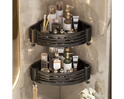 Doucherek Hoek 2 Stuks Zonder Boren met 4 Haken – Aluminium Douche Plank Zelfklevend – Badkamer Hoekrek Roestvrij Wandmontage – Voor Shampoo, Douchegel en Badkamer Accessoires