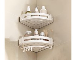 Doucherek zonder boren – Badkamer accessoires – Doucherekje – Douchemand – RVS – Hoekrek – Hangend – Wit Creme – 2 stuks
