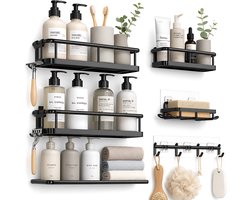 Doucherek Zonder Boren - Complete 6-delige Badkamer Organizer Set - 3 Grote Rekken, Klein Rek, Zeephouder en Haakrek - Zelfklevende Wandrekken met Snelle Waterafvoer, Draagkracht tot 18 kg - voor Douche en Keuken - Mat Zwart