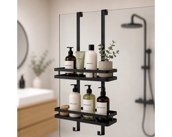 Doucherek zonder boren – Doucherek hangend - Zwart – Twee Laags – Anti-Kras – 35x12x74cm