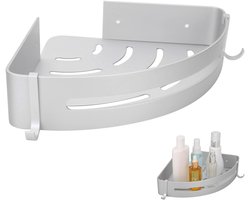 Doucherek zonder boren - Hoekrek voor shampoo - Zelfklevend rek voor zeep en shampoo - Wandgemonteerd badkamermandaccessoire - Snelle afvoer - Efficiënte opslag - Geschikt voor badkamers, toiletten en keukens - Zilver
