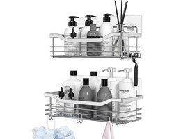Doucherek Zonder Boren Set van 2 – Zelfklevend RVS Doucheplank met 5 Haken – Zilver – Roestvrij Badkamer Organizer – Wandrek voor Shampoo & Douchegel – Sterk Ophangrek voor Badkamer, Douche en Keuken