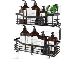 Doucherek Zonder Boren Set van 2 – Zelfklevend RVS Doucheplank met 5 Haken – Zwart – Roestvrij Badkamer Organizer – Wandrek voor Shampoo & Douchegel – Sterk Ophangrek voor Badkamer, Douche en Keuken