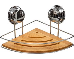 Doucherekje - hoek model - 27 x 20 x 12 cm - metaal/bamboe hout - zuignappen - badkamerrekje - Opberg rekjes voor shampoo/douchegel