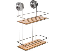 Doucherekje/badkamerrekje 2 lagen metaal/bamboe hout met zuignappen 25 x 13 x 36 cm - Opberg rekjes voor shampoo/douchegel