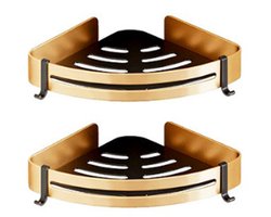 Doucherekjes - 2 Stuks - Douchemand - Douchehoek - Driehoekige doucheplank - Met 2 haken - Wandmontage - Boren of Zelfklevend - Goud en zwart - 30*21.5*3.5 cm - Aluminium - Voor badkamer