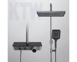 Doucheset met Thermostaat en Regendouche - Compleet Douchesysteem Met Handdouche en Glazen Plank - Antraciet Mat