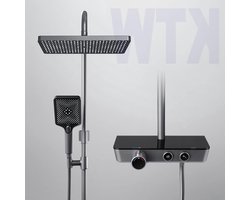 Doucheset thermostaat regendouche handdouche 3 straalsterktes glazen plank KTW-certificering antraciet mat regendouche zonder kraan