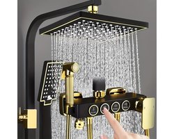 douchesysteem - doucheset - regendouche - Compleet Zwart & Goud Douchesysteem – 8 inch Regendouche, Wandkraan & Handdouche