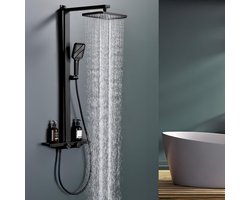 Douchesysteem met thermostaat - Complete doucheset - Comfortabel douchen - Geïntegreerde glazen plank - 30 x 20 cm - Zwart