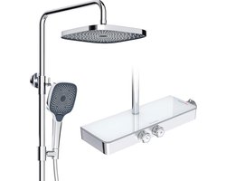 Douchesysteem met thermostaat en glazen legplank - Regendouche met 3 straalsoorten - Complete doucheset 26 x 26 cm