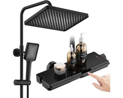 Douchesysteem met thermostaat en glazen legplank, zwart, 30 x 20 cm grote hoofddouche, regendouche en 3 straalsoorten, handdouche, 2 pianoknoppen, complete set, douchegarnituur met