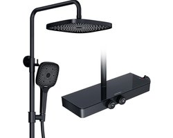 Douchesysteem met Thermostaat en Glazen Plank, Zwarte Regen- en Handdouche