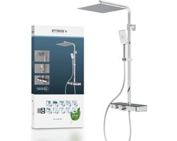 Douchesysteem thermostaat glazen-legplank 30x30 regendouche chroom-antraciet regendouche zonder kraan