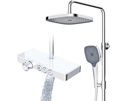Douchesysteem thermostaat glazen plank chroom regendouche handdouche - complete set 26x26 cm - 3 straalsoorten - onderste uitloop regendouche zonder kraan