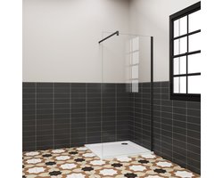 Douchewand Inloopdouche 76x185cm,6 mm helder EasyClean veiligheidsglas,mat zwart aluminium frame,stabilisatorstang 90cm