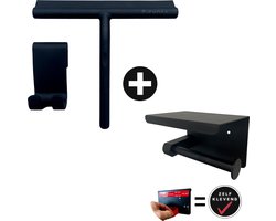 Douchewisser Zwart inclusief WC Rolhouder Zwart - Anti Kras Siliconen wisser -Zelfklevende Toiletrol Houder met plankje - Badkamer Accessoires - Fienosa