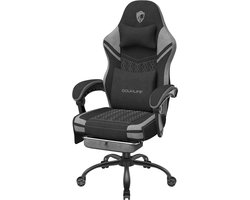 Douxlife Gamingstoel met Massage & Voetsteun – Ergonomische Bureaustoel van Stof met Hoge Rugleuning, Verbreed Zitkussen & Lendensteun – Tot 150 kg – Zwart/Grijs