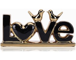 DOVDOV Zwarte en gouden keramische liefde teken sculptuur met hart en vogel standbeelden, moderne woondecoratie - ShopVlot