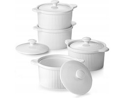 DOWAN Ramekintjes Met Deksel - 207ml - 4-delig - Porselein - Met handgrepen - Wit