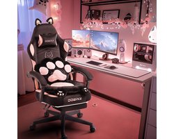 Dowinx Gaming Stoel Roze/Zwart – Ergonomisch met Voetensteun – Kattenpoot Design – Stoffen Gamer/PC Stoel – Verstelbare Rugleuning – Voor Volwassenen