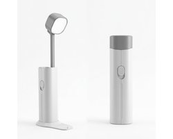 Draadloze 4-in-1 oplaadbare bureaulamp – Opvouwbare en uitschuifbare bedlamp – Combineert zaklamp, telefoonstandaard en ingebouwde powerbank – Voorzien van 3 helderheidsstanden – Geschikt voor lezen, studentenkamers, kamperen en als noodverlichting