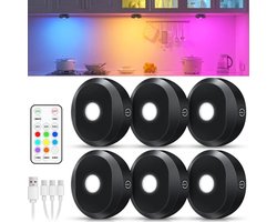 Draadloze Keukenverlichting - Oplaadbare RGB Puck Lights met Afstandsbediening - Batterij LED Spot met Timerfunctie - Plakbare Nachtlampjes voor Keuken en Kast (6-pack)