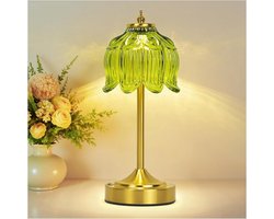 Draadloze Lotusbloem Tafellamp - Oplaadbare Draagbare Lamp - 3 Kleuren Dimbaar Touch Bediening Bureaulamp voor Slaapkamer, Kantoor, Keuken, Woonkamer Decoratie, groen