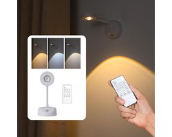 Draadloze schilderijverlichting - Oplaadbaar - Wandlamp - LED-spot - 3 kleurtemperaturen - Schilderslamp met bewegingssensor en draaibare buis - Traploos dimbare kunstverlichting voor fotolijsten - Tweedelig set - Wit-Inclusief afstandsbediening