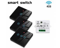 Draadloze Smart schakelaar zwart glas voor verlichting. Geen inbouw nodig. Bedien 1 lamp vanaf meerdere locaties zonder extra bedrading. Inclusief ontvanger (AC 85-240V) en draadloze schakelaar(s). Eenvoudige installatie