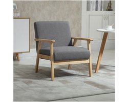 Draag stoel, lounge stoel met armleuningen, eetkamerstoel, ontspanningsfauteuil in linnen uiterlijk, bekleding fauteuil, massief houten frame, grijs, 64 x 70 x 72 cm
