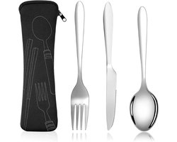 Draagbaar bestek - 3-delig bestek Lepel - Vork - Mes - Perfect voor kamperen - picknicken - werk - wandelen (zilver)
