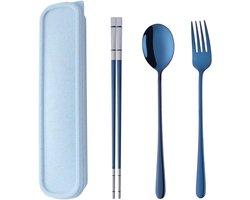 Draagbaar Bestek Set Blauw - RVS, Incl. Doosje - Voor 1 Persoon