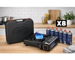 Draagbaar Gasstel met Koffer – Camping Kooktoestel. Camping Gasbrander Set met Opbergkoffer en 8x Butaangas patronen. Portable Gas Stove met Koffer + 8 Butaangasbusjes. Compleet met 8 Gaspatronen. Gas Kooktoestel voor Camping & Outdoor.Noodpakket.