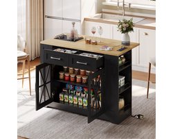 Draagbaar keukeneiland met opvouwbare eettafel - open opbergplanken - USB-poort - verstelbare legplanken - wielen met rem - zwart