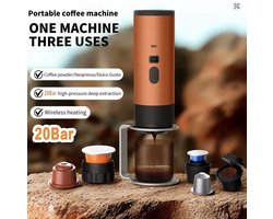 Draagbaar koffiezetapparaat 3-in-1 inc. beker - 1 kop - Oranje - Oplaadbaar, draagbaar reis koffiezetapparaat - 12V espressomachine voor capsule en gemalen koffie portable - Nespresso cups - Kamperen, reizen, vakantie, kantoor, auto, thuis