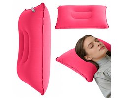Draagbaar opblaaskussen – 34x22 cm opblaasbaar campingkussen – Gevlokt duttkussen – Geschikt voor kamperen, wandelen, strand, dutjes, slaap en ondersteuning van nek en onderrug – Roze