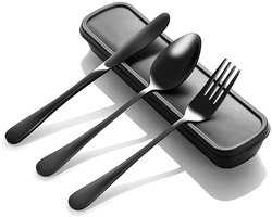 Draagbare Bestekset met Hoes – 4 stuks RVS Herbruikbaar Bestek – Zwart – Geschikt voor Lunch, Camping, School, Picknick, Werk en Reizen – Inclusief Vork, Lepel, Mes en Lunchbox – Vaatwasmachinebestendig