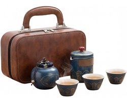 Draagbare Chinese theeset met 1 theepot, 3 kopjes en 1 theeblik, keramisch en ideaal voor reizen, kamperen en thuisgebruik