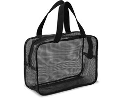 Draagbare douchetas zwart mesh draagtas met ritssluiting multifunctionele strandtas toilettas met handvat nettas voor fitnessstudio reizen camping studentenhuis badkamer