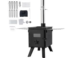 draagbare houtkachel 86 inch, legering staal camping tent kachel met 1400 inch ³ vuurkorf, 8 schoorsteenpijpen en handschoenen, hete tent kachel voor buiten koken en verwarmen