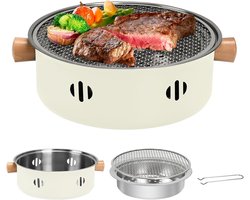 Draagbare houtskoolgrill - mini-barbecuegrill uit één stuk - roestvrij staal - multifunctionele rookvrije ronde tafelbarbecue op houtskool, - geschikt voor koken binnen en buiten, familiebijeenkomsten, picknicks en kamperen - beige