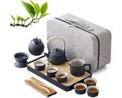 Draagbare Keramische Thee Set (14 Delig) - Kung Fu Theeservies met Kopjes en Dienblad voor Buiten en Reis