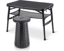 Draagbare klaptafel met kruk inklapbaar voor camping - lichtgewicht opvouwbare tafel met telescopische kruk en netten voor picknick, koken, reizen (zwart) camping table